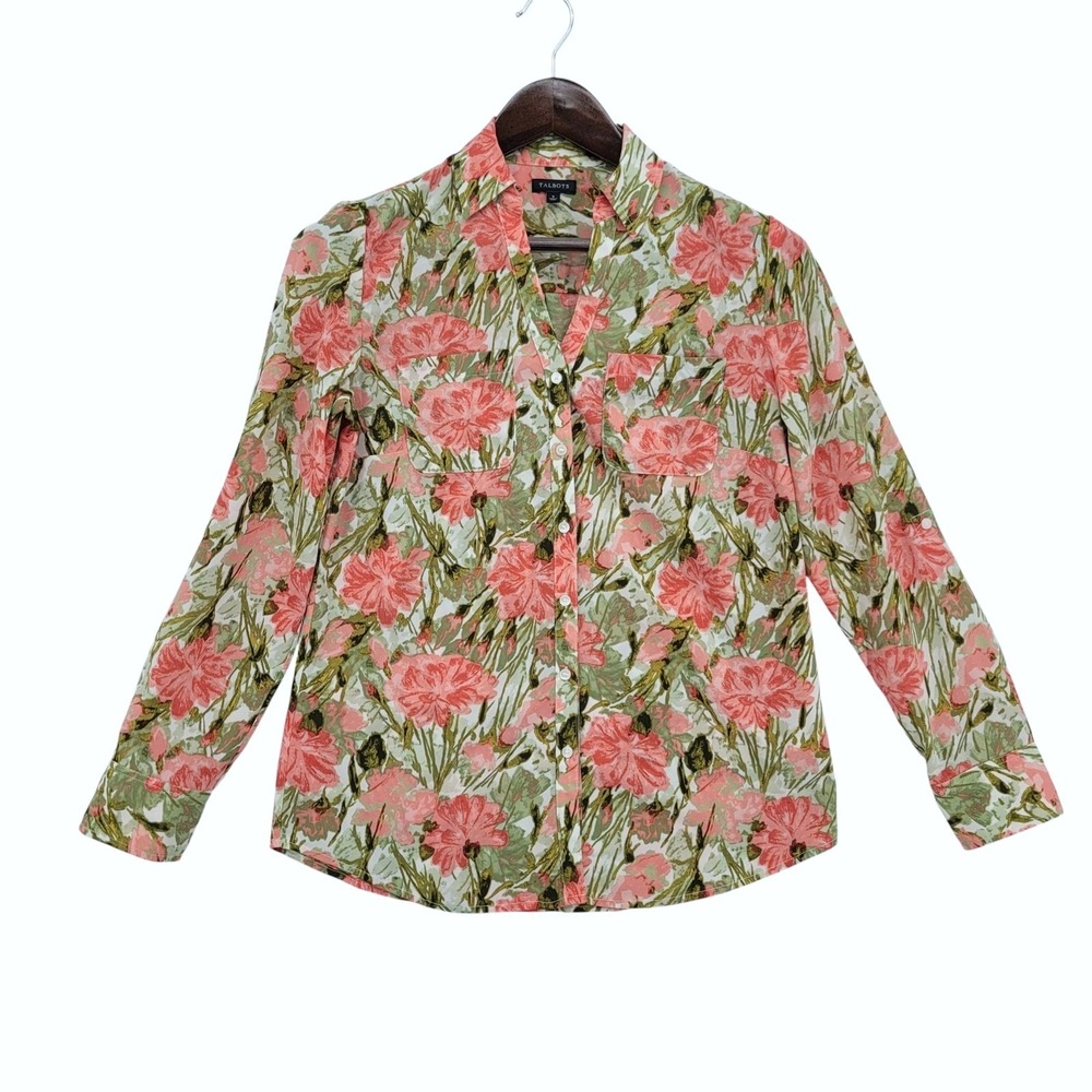 Talbots Womens S Button‎ Front Blouse Polyester Pink Green Floral Classic